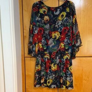 Alice + Olivia Black Floral Print Short Dress with Red & Yellow Accents